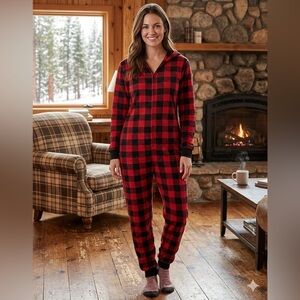 jf j.ferrar Red and Black Buffalo Plaid Hooded One-Piece Pajama